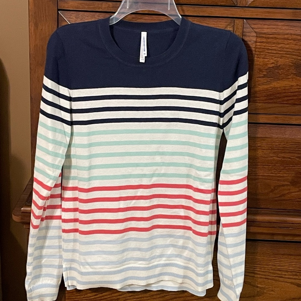 Southern Tide Navy, White, Mint & Coral Striped Crewneck Sweater